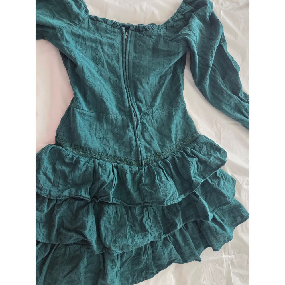 Altar'd State Emerald Green Embroidered Tiered Ruffle Mini Dress Size Medium - Picture 2 of 7